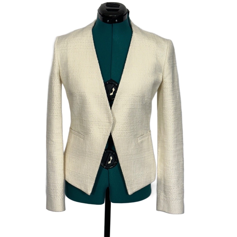 Theory Lanai Newdale Blazer size 2 Ivory Textured Tweed‎ Open Front Collarless